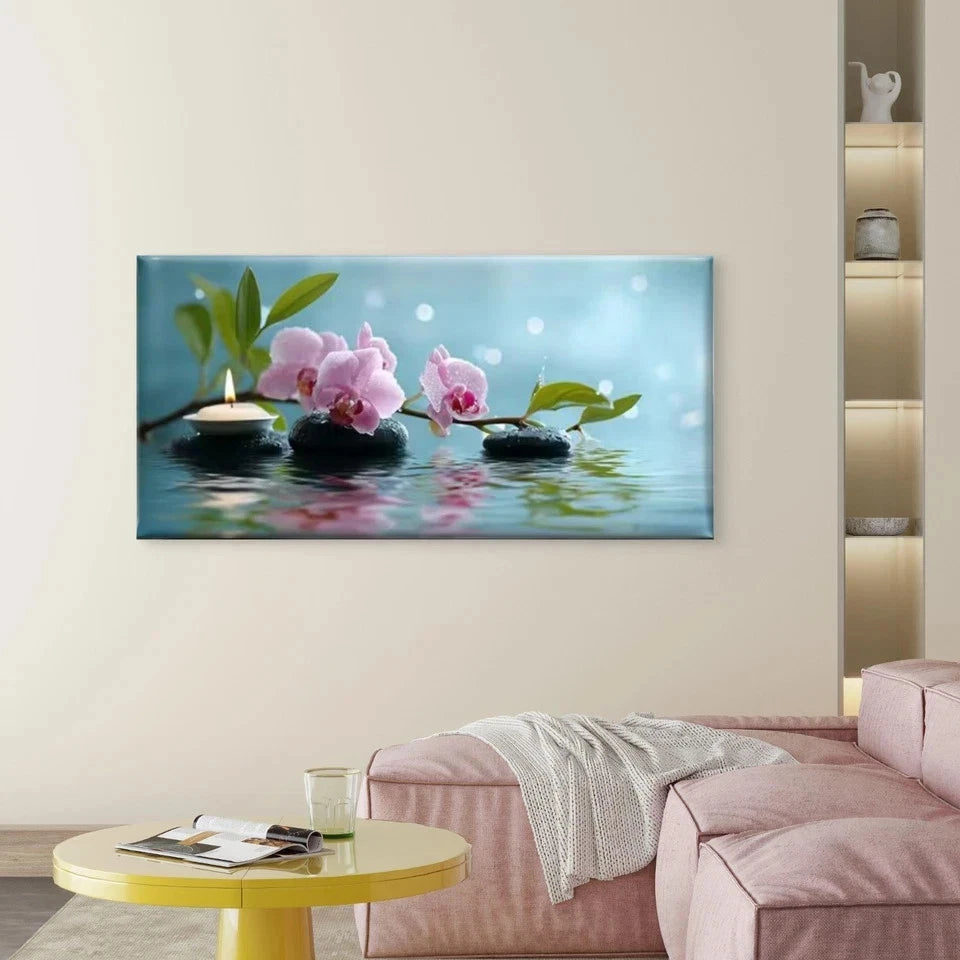 Dripping Water & Pink Orchids Wall Art Canvas Office Home Room Framed 120x60cm