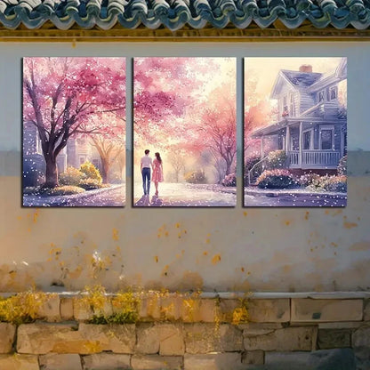 3pcs Couples Strolling Along The Flower Path Metal Print Ready to Hang Art