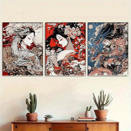 3pcs Japanese Art Floral and Dragon Theme Metal Print Ready to Hang Art