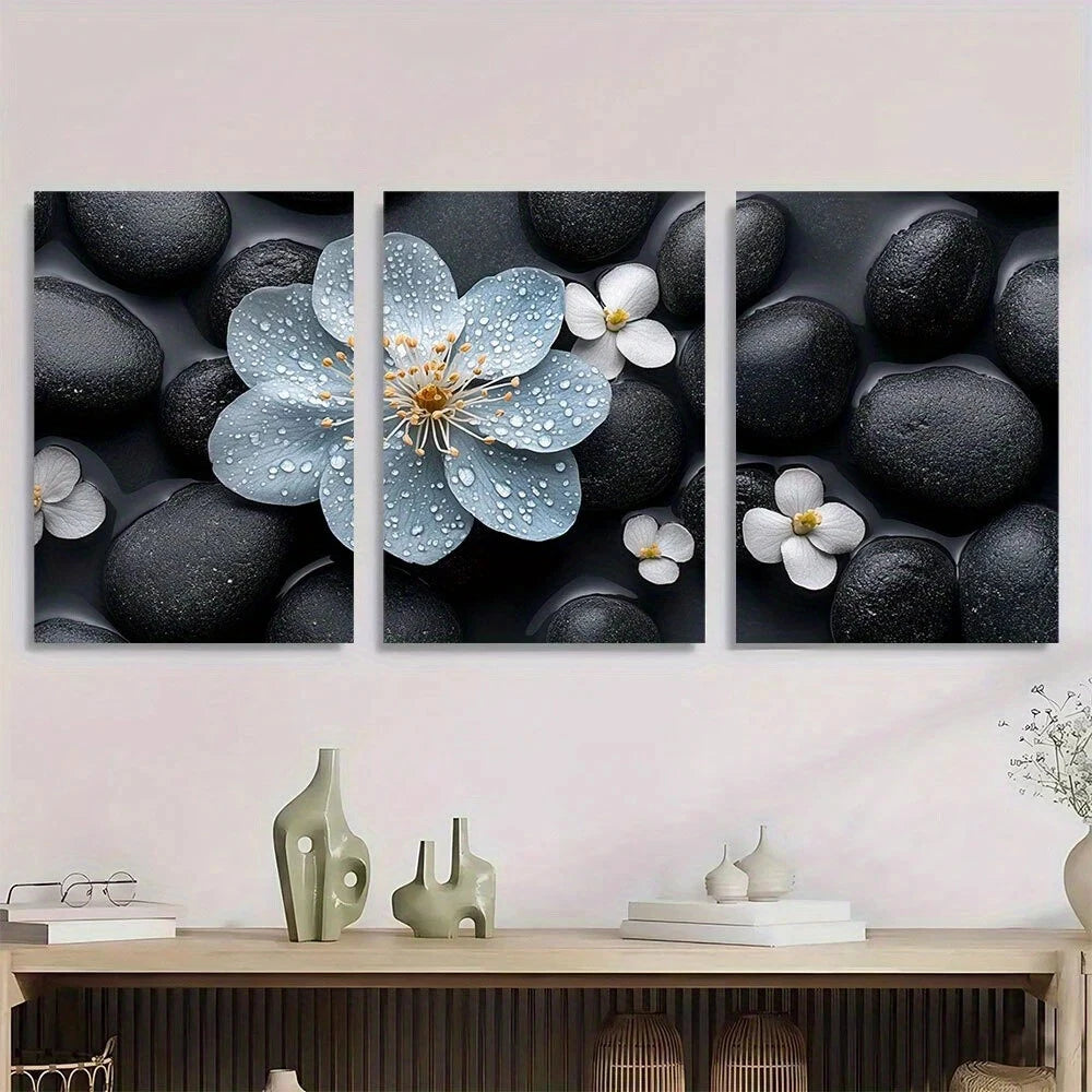 3pcs Zen Inspired Floral Black & White Pebbles Metal Print Ready to Hang Art