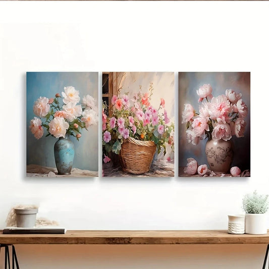 3pcs Pink & White Roses Peonies and Hydrangeas Metal Print Ready to Hang Art