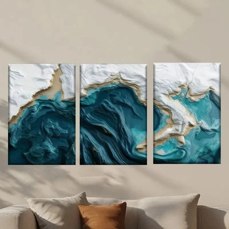 3pcs Blue and White Water Like Painting Wall Art Set Canvas Framed 40x60cm - High Quality Print 100% Australian Made Wall Canvas Ready to Hang