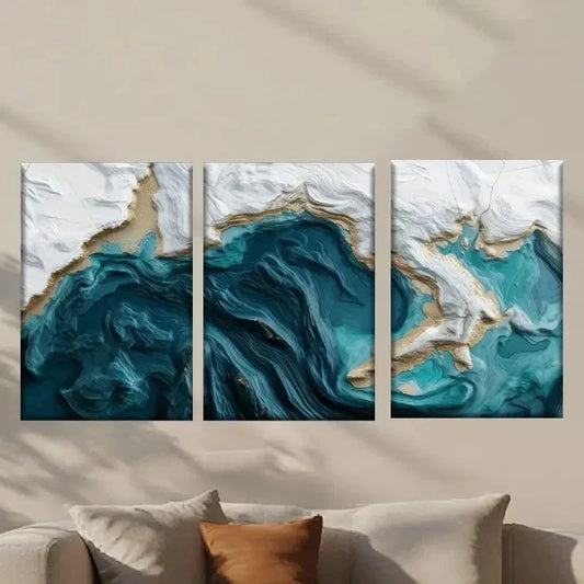 3pcs Blue and White Water Like Painting Wall Art Set Canvas Framed 40x60cm - High Quality Print 100% Australian Made Wall Canvas Ready to Hang