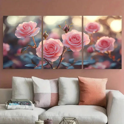 3pcs Soft Focus Blush Pink Roses Floral Design Wall Art Set Canvas Framed 60x90cm - High Quality Print 100% Australian Made Wall Canvas Ready to Hang