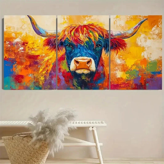 3pcs Vibrant Highland Scottish Cow Modern Metal Print Ready to Hang Art