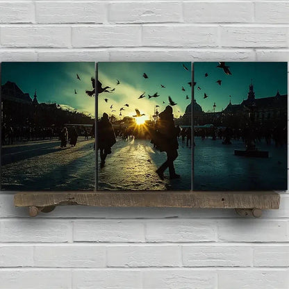 3pcs Blue Sky Pigeons on The Building Square Metal Print Ready to Hang Art