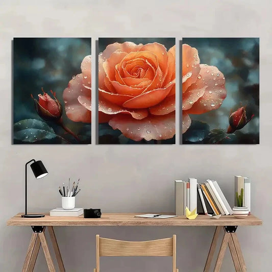 3pcs Vibrant Elegant Orange Rose Metal Print Ready to Hang Art