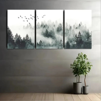 Three-panel wall art of a forest scene with trees and birds, displayed on a wall with two potted plants below.