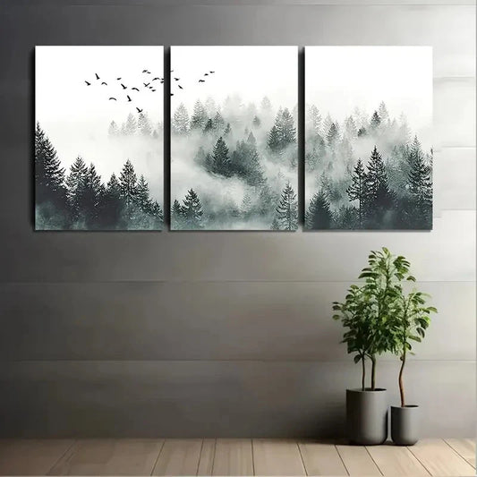 Three-panel wall art of a forest scene with trees and birds, displayed on a wall with two potted plants below.