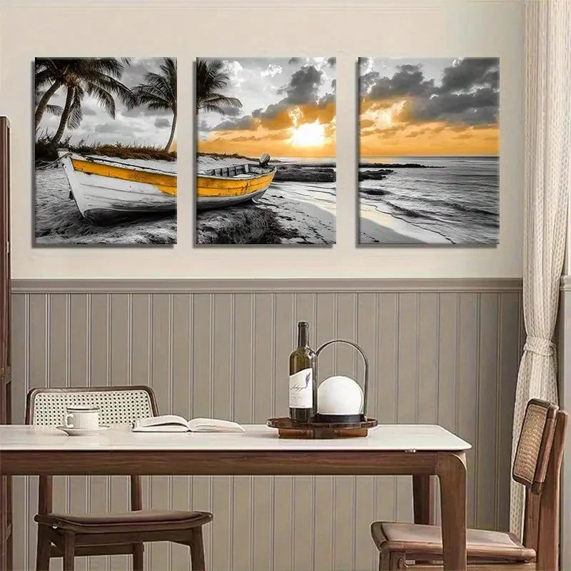 3pcs Black and White Yellow Coastal Style Metal Print Ready to Hang Art