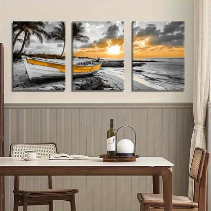 3pcs Black and White Yellow Coastal Style Metal Print Ready to Hang Art