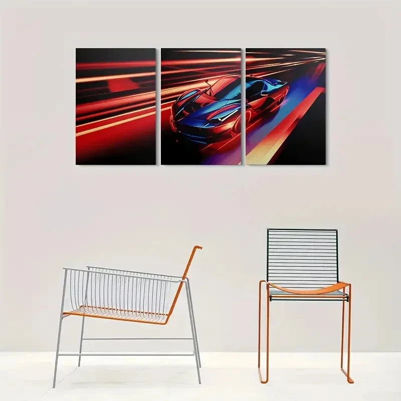 3pcs Red & Blue Racing Paint Dynamic Metal Print Ready to Hang Art