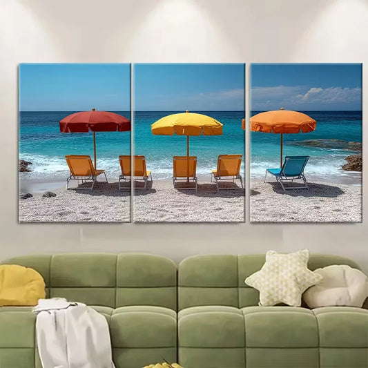 3pcs Minimalist Beach Chair Parasol Metal Print Ready to Hang Art