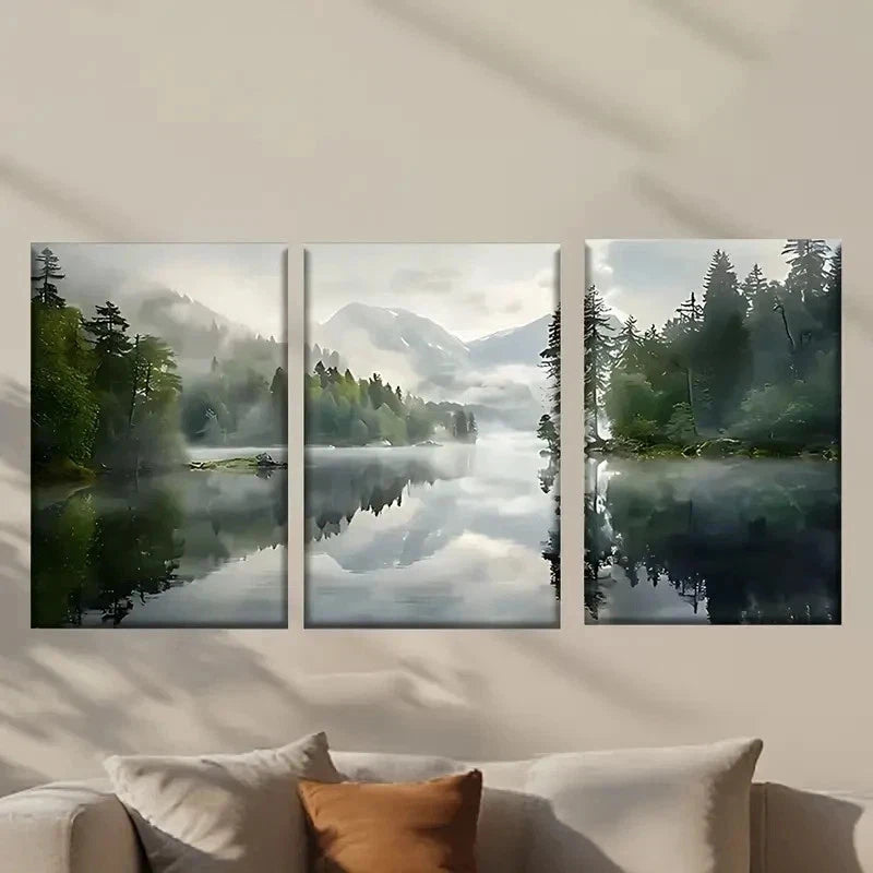 3pcs Misty Lake with Trees and Mountains Wall Art Set Canvas Framed 40x60cm - High Quality Print 100% Australian Made Wall Canvas Ready to Hang