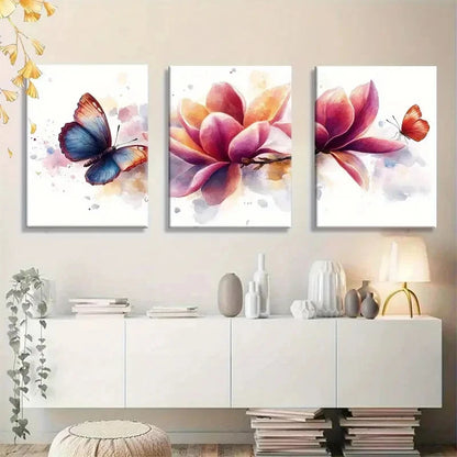 3pcs Butterfly and Floral Red Blue and Yellow Metal Print Ready to Hang Art