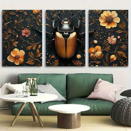3pcs Ornate Beetle Floral Botanical Insect Metal Print Ready to Hang Art