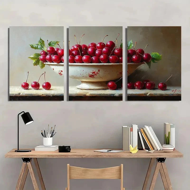 3pcs Cherry Berries Still Life Perfect Wall Art Set Canvas Framed 40x60cm - High Quality Print 100% Australian Made Wall Canvas Ready to Hang