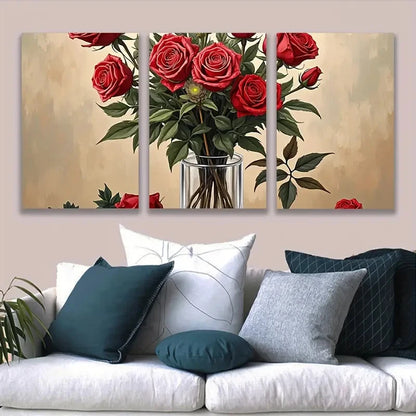 3pcs Elegant Red Roses in Vase Metal Print Ready to Hang Art