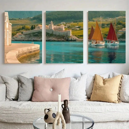 3pcs Seaside Village Sailboats Landscape Metal Print Ready to Hang Art