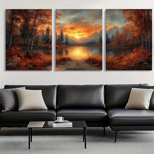 3pcs Sunset Lake Autumn Forest Nature Metal Print Ready to Hang Art