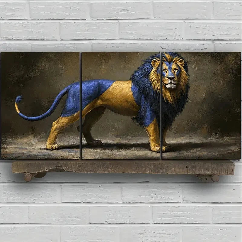 3pcs Golden Blue Lion Painting Metal Print Ready to Hang Art