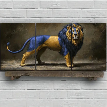 3pcs Golden Blue Lion Painting Metal Print Ready to Hang Art