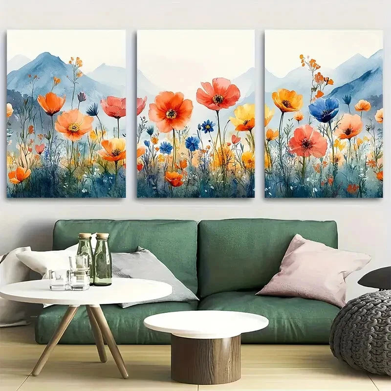 3pcs Vibrant Beautiful Wildflowers & Mountain View Metal Print Ready to Hang Art