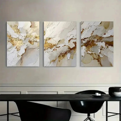 3pcs White & Golden Textured Flowing Abstract Metal Print Ready to Hang Art