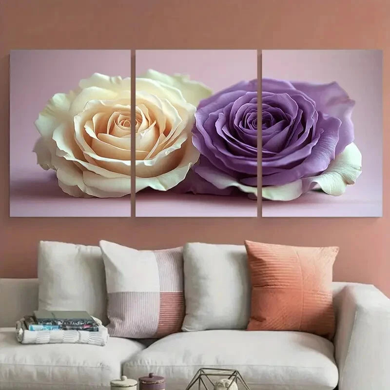 3pcs Blooming Roses White Purple Floral Metal Print Ready to Hang Art