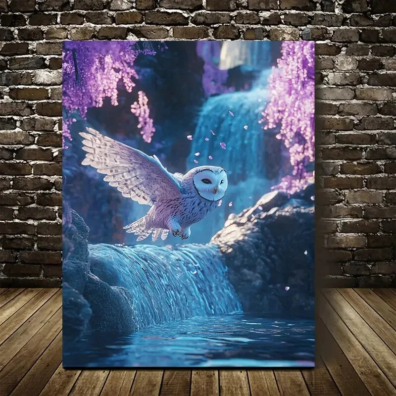 Vibrant Owl by Waterfall Painting Neon Glow 40x60cm Metal Print Ready to Hang