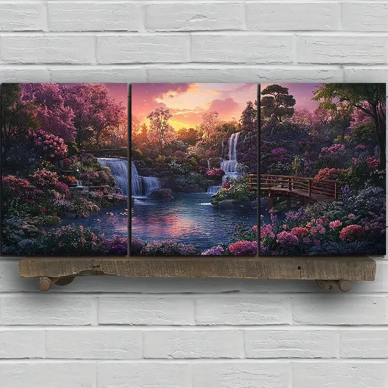 3pcs Waterfalls and Wooden Bridges Metal Print Ready to Hang Art