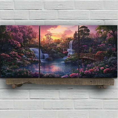 3pcs Waterfalls and Wooden Bridges Metal Print Ready to Hang Art