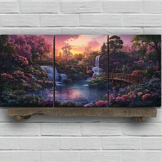 3pcs Waterfalls and Wooden Bridges Metal Print Ready to Hang Art