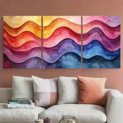 3pcs Bright Watercolour Wavy Lines Abstract Metal Print Ready to Hang Art