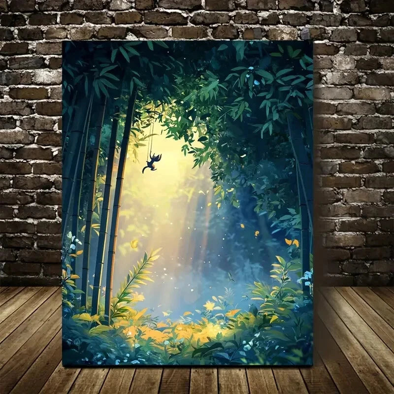 Serene Bamboo Grove with Squirrel Swing Painting 40x60cm Metal Print Ready to Hang