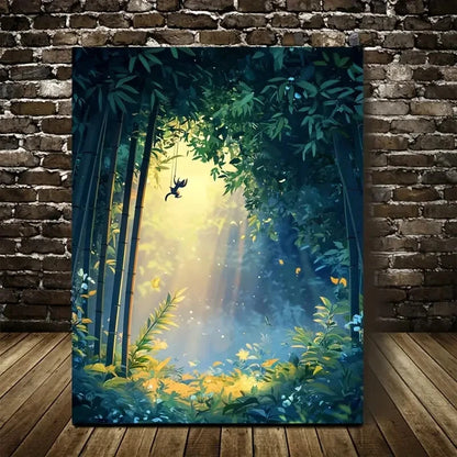 Serene Bamboo Grove with Squirrel Swing Painting 40x60cm Metal Print Ready to Hang