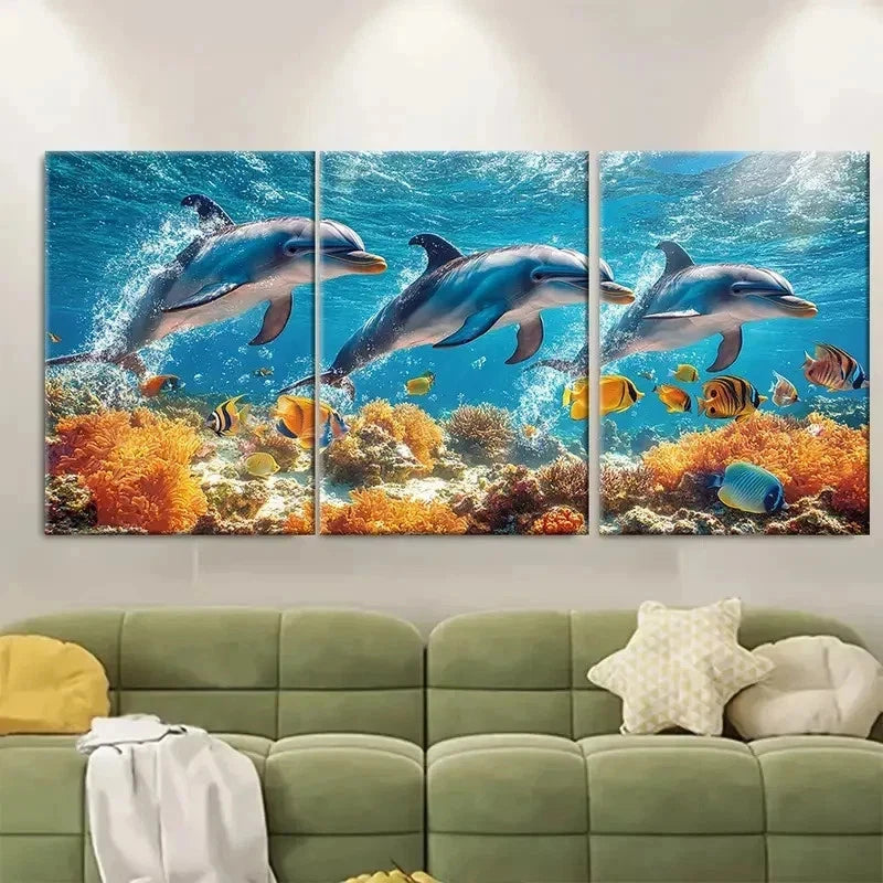 3pcs Dolphins Swimming with Tropical Fish B  Wall Art Set Canvas Framed 50x70cm - High Quality Print 100% Australian Made Wall Canvas Ready to Hang