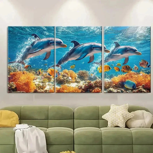 3pcs Dolphins Swimming with Tropical Fish B  Wall Art Set Canvas Framed 50x70cm - High Quality Print 100% Australian Made Wall Canvas Ready to Hang