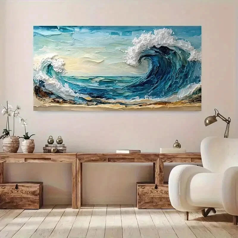 Vibrant Blue Ocean Waves wall canvas office home room framed 120x60cm - Bella Home Decor