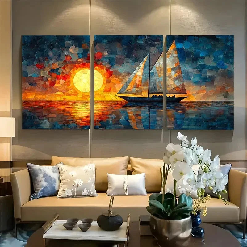 3pcs Vibrant Sail Boat Stained Glass Early 20s Metal Print Ready to Hang Art