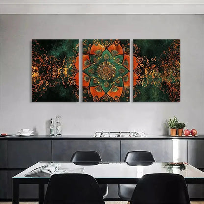 3pcs Orange and Green Mandala Flower Perfect Wall Art Set Canvas Framed 40x60cm - High Quality Print 100% Australian Made Wall Canvas Ready to Hang