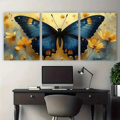3pcs Elegant Butterfly Blue and Yellow Floral Metal Print Ready to Hang Art