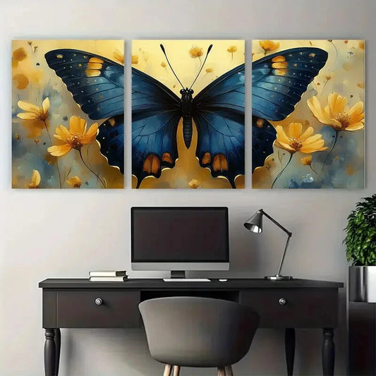 3pcs Elegant Butterfly Blue and Yellow Floral Metal Print Ready to Hang Art
