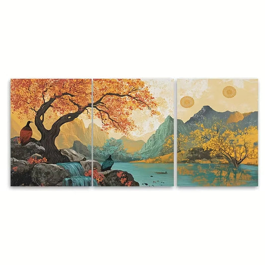 3pcs Autumn Scenery with Deer & Mountain View Metal Print Ready to Hang Art