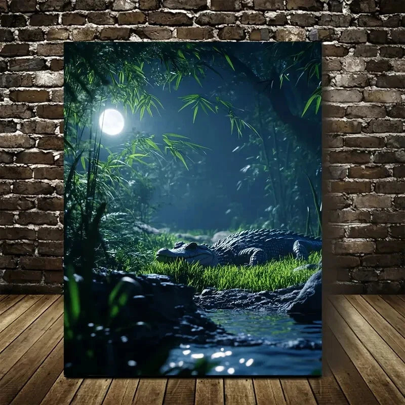 Serene Bamboo Grove Scene with Moonlit Painting 40x60cm Metal Print Ready to Hang