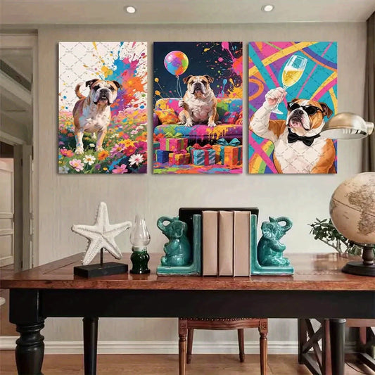3pcs Bulldog Vibrant Floral & Party Metal Print Ready to Hang Art