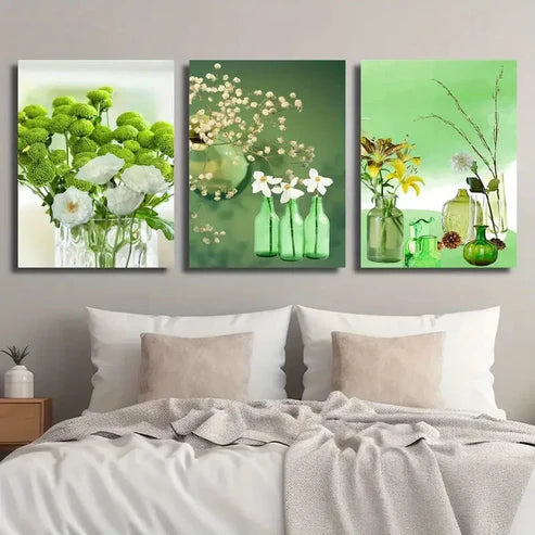 3pcs Emerald Green Bottle Plant Flower Wall Art Set Canvas Unframed - High Quality Print 100% Australian Made Wall Canvas