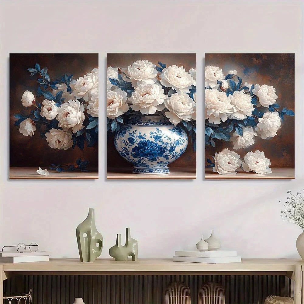 3pcs Blue and White Porcelain Vase Peonies Metal Print Ready to Hang Art