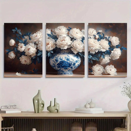 3pcs Blue and White Porcelain Vase Peonies Metal Print Ready to Hang Art