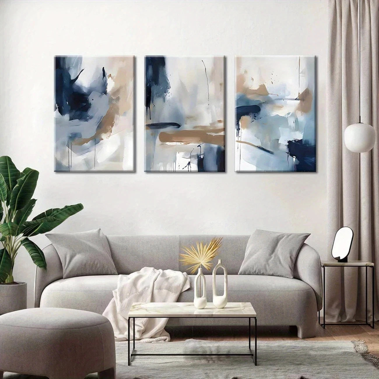 3pcs Navy Blue And Brown Abstract Watercolor Metal Print Ready to Hang Art